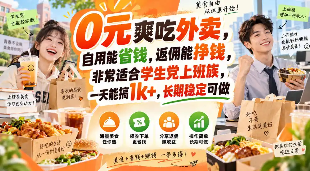 0元爽吃外卖，自用能省钱，返佣能挣钱，非常适合学生党上班族，一天能搞1k+，长期稳定可做-北极星资源库
