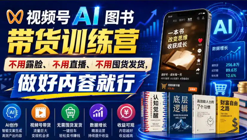 视频号AI图书带货训练营，不用露脸、不用直播、不用囤货发货，做好内容就行，一条爆款视频佣金8942-北极星资源库