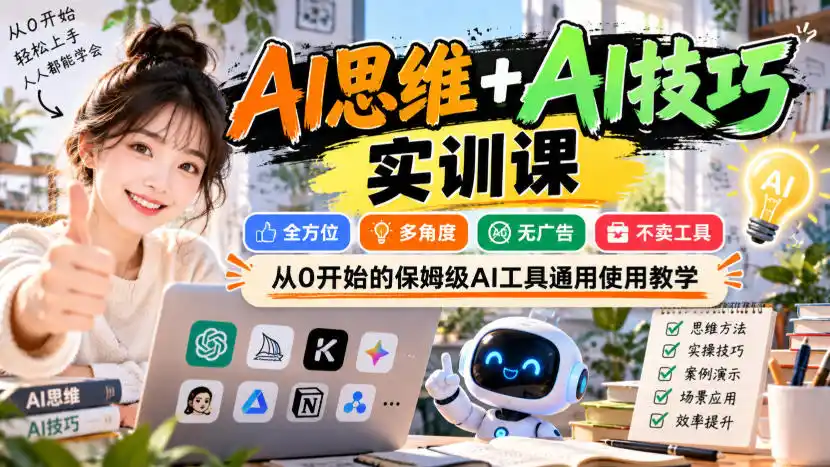 【无水印】AI思维+AI技巧实训课，全方位、多角度、无广告、不卖工具，从0开始的保姆级AI工具通用使用教学-北极星资源库
