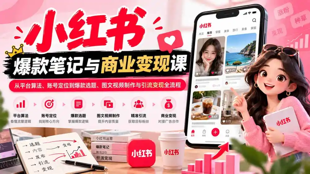 2026小红书爆款笔记与商业变现课：从平台算法、账号定位到爆款选题、图文视频制作与引流变现全流程-北极星资源库