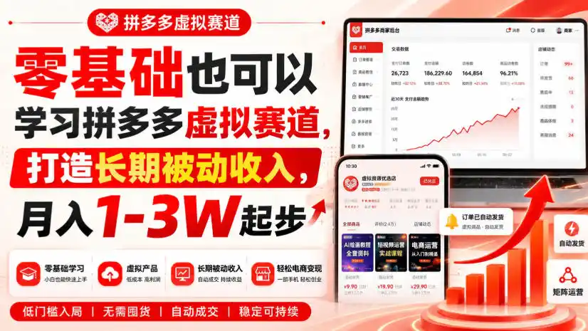 零基础也可以学习拼多多虚拟赛道，打造长期被动收入，月入1-3W起步-北极星资源库