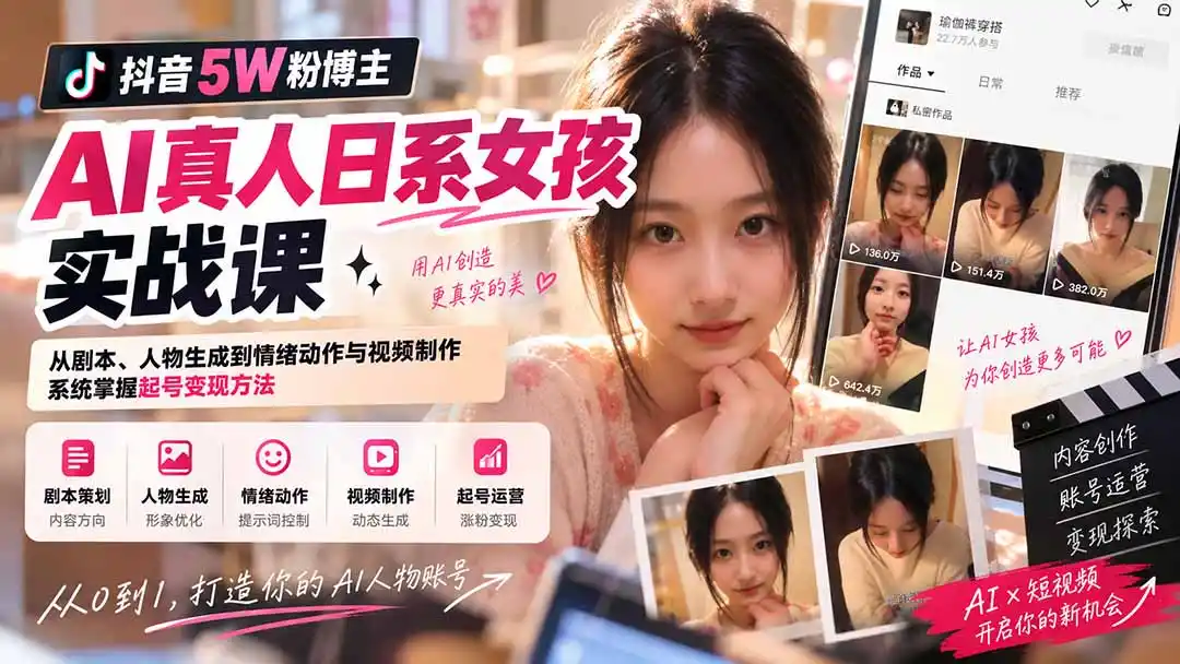 抖音5W粉博主AI真人日系女孩实战课：从剧本、人物生成到情绪动作与视频制作，系统掌握起号变现方法-北极星资源库