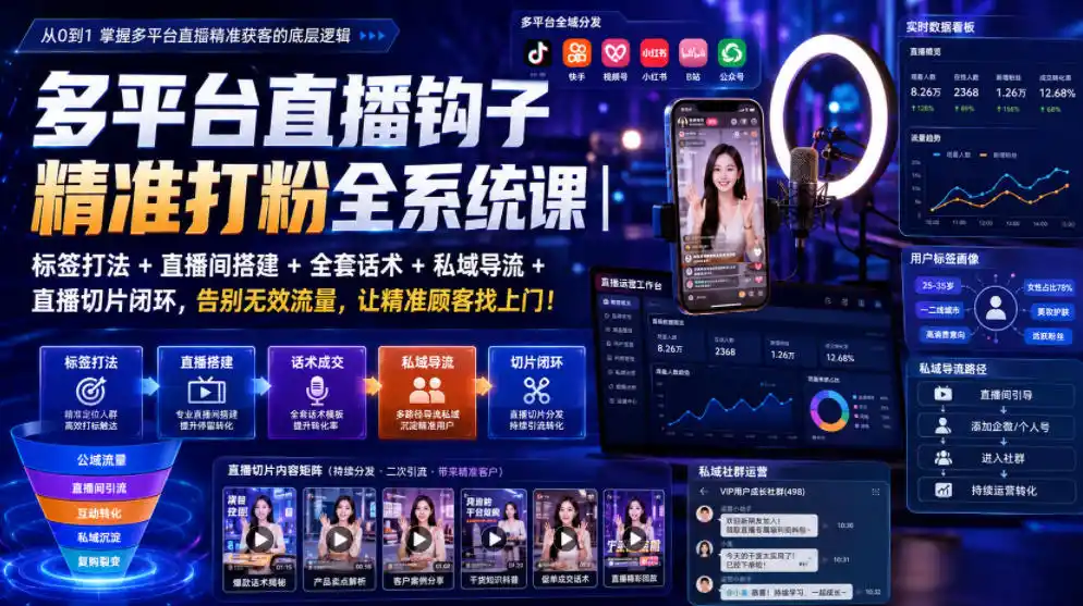 多平台直播钩子精准打粉全系统课｜标签打法+直播间搭建+全套话术+私域导流+直播切片闭环，告别无效流量，让精准顾客找上门！-北极星资源库