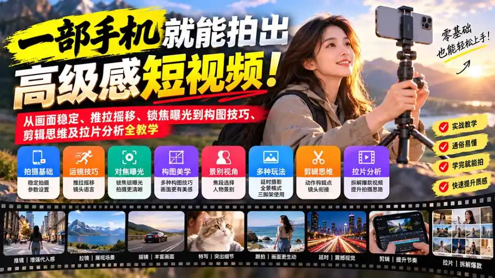一部手机就能拍出高级感短视频！从画面稳定、推拉摇移、锁焦曝光到构图技巧、剪辑思维及拉片分析全教学-北极星资源库