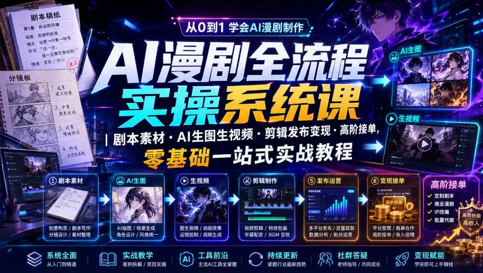 AI漫剧全流程实操系统课｜剧本素材・AI生图生视频・剪辑发布变现・高阶接单，零基础一站式实战教程-北极星资源库