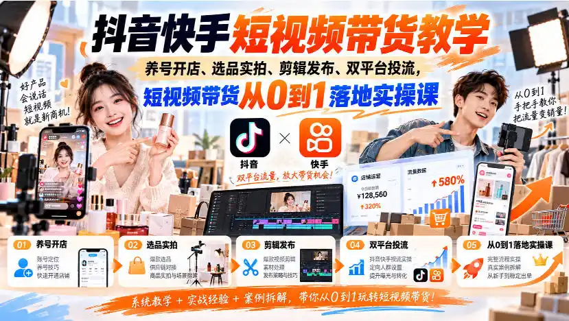 抖音快手短视频带货教学|养号开店、选品实拍、剪辑发布、双平台投流,短视频带货从0到1落地实操课-北极星资源库