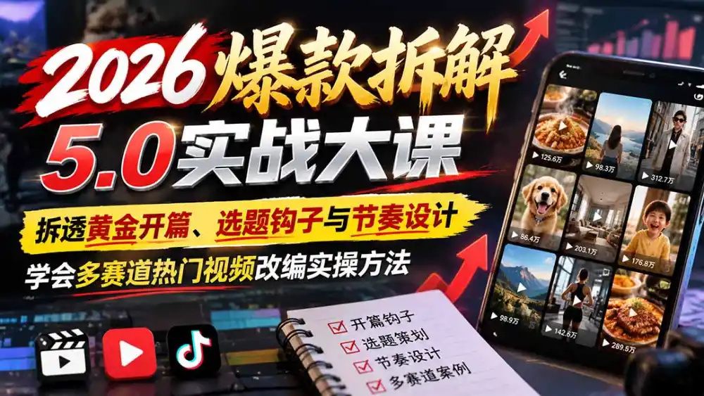2026爆款拆解5.0实战大课：拆透黄金开篇、选题钩子与节奏设计，学会多赛道热门视频改编实操方法-北极星资源库