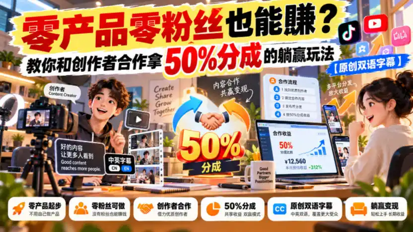 【无水印】零产品零粉丝也能賺？教你和创作者合作拿50%分成的躺赢玩法【原创双语字幕】-北极星资源库