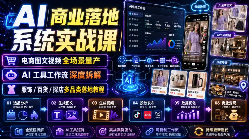 AI商业落地系统实战课|电商图文视频全场景量产・AI工具工作流深度拆解・服饰/百货/探店多品类落地教程-北极星资源库