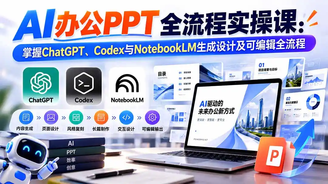 【无水印】AI办公PPT全流程实操课： 掌握ChatGPT、Codex与NotebookLM生成设计及可编辑全流程-北极星资源库