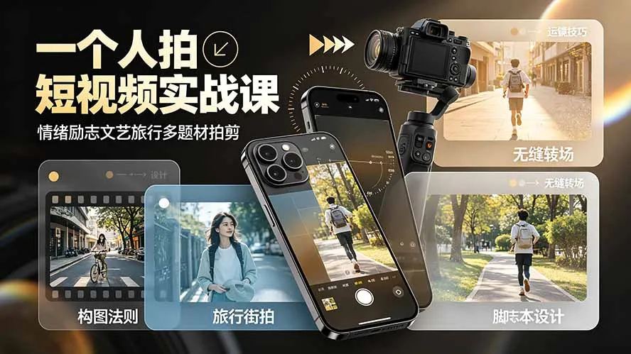 一个人拍短视频实战课：情绪励志文艺旅行多题材×五大景别×黄金构图×八大运镜，从拍摄到成片高效创作-北极星资源库