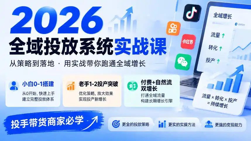 2026全域投放系统实战课,小白0-1搭建,老手1-2投产突破,付费+自然流双增长,投手带货商家必学-北极星资源库