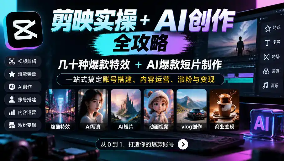 剪映实操+AI创作全攻略｜几十种爆款特效+AI爆款短片制作，一站式搞定账号搭建、内容运营、涨粉与变现-北极星资源库
