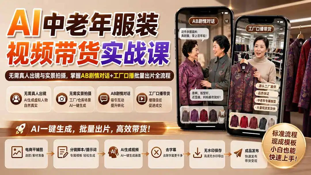 AI中老年服装视频带货实战课：无需真人出镜与实景拍摄，掌握AB剧情对话+工厂口播批量出片全流程-北极星资源库