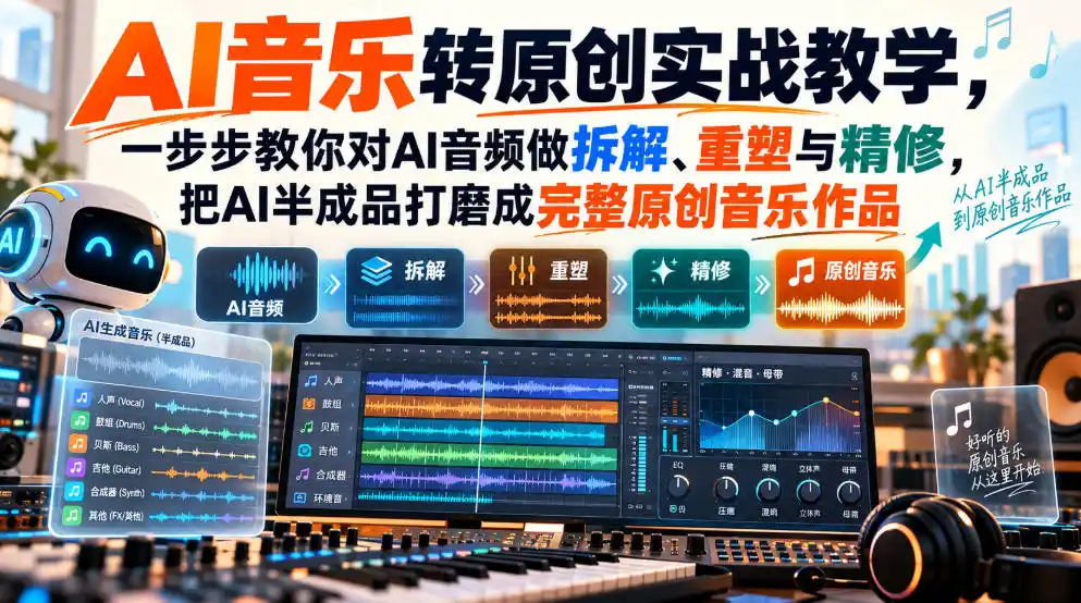 AI音乐转原创实战教学，一步步教你对AI音频做拆解、重塑与精修，把AI半成品打磨成完整原创音乐作品-北极星资源库