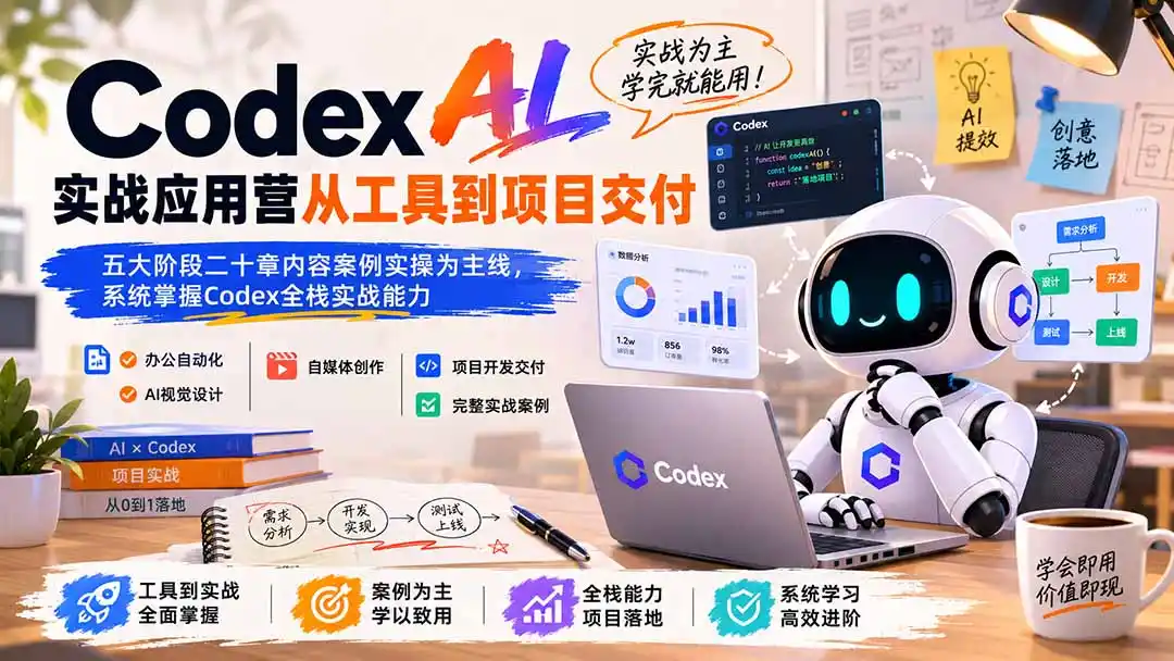 Codex AI实战应用营从工具到项目交付；五大阶段二十章内容案例实操为主线，系统掌握Codex全栈实战能力-北极星资源库