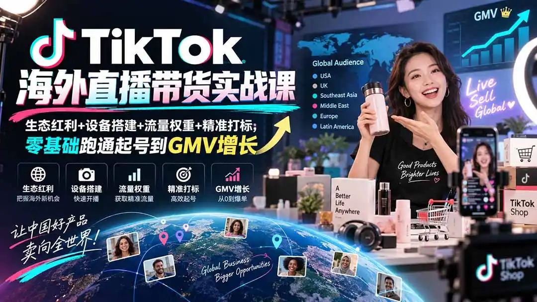 TikTok海外直播带货实战课｜生态红利+设备搭建+流量权重+精准打标，零基础跑通起号到GMV增长-北极星资源库