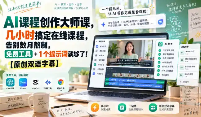 AI课程创作大师课，几小时搞定在线课程，告别数月熬制，免费工具+1个提示词就够了！【原创双语字幕】-北极星资源库