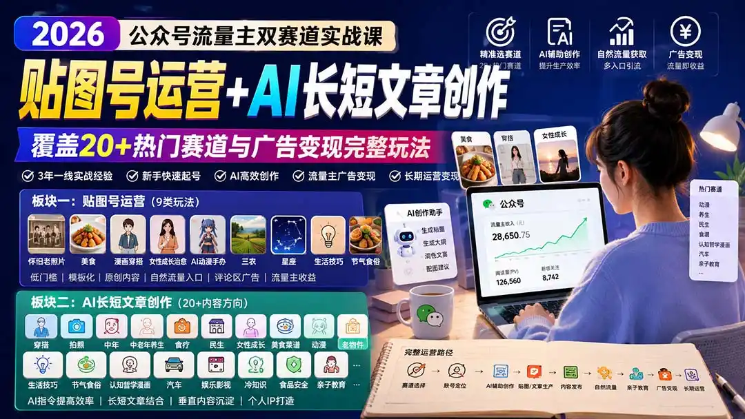 公众号流量主双赛道实战课：贴图号运营+AI长短文章创作，覆盖20+热门赛道与广告变现完整玩法-北极星资源库