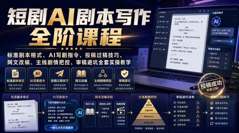 短剧AI剧本写作全阶课程｜标准剧本格式、AI写剧指令、投稿过稿技巧、网文改编、主线剧情把控、审稿避坑全套实操教学-北极星资源库