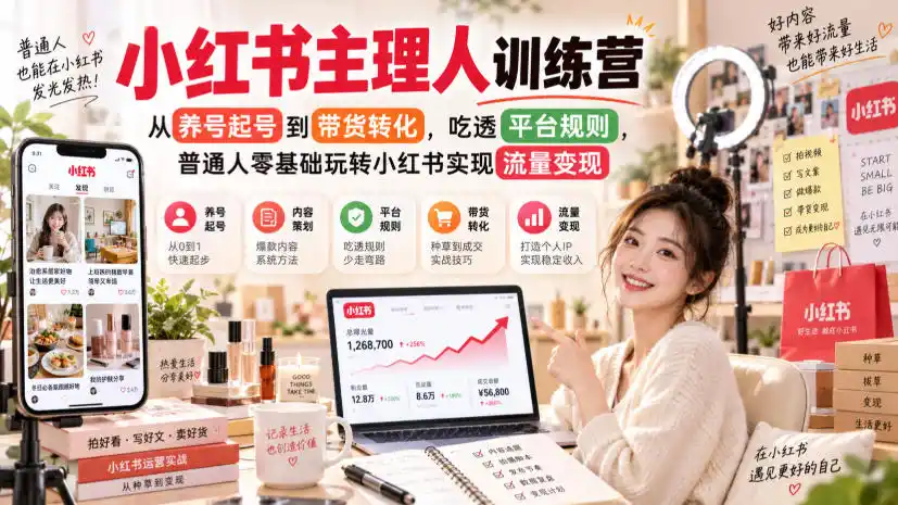 小红书主理人训练营，从养号起号到带货转化，吃透平台规则，普通人零基础玩转小红书实现流量变现-北极星资源库