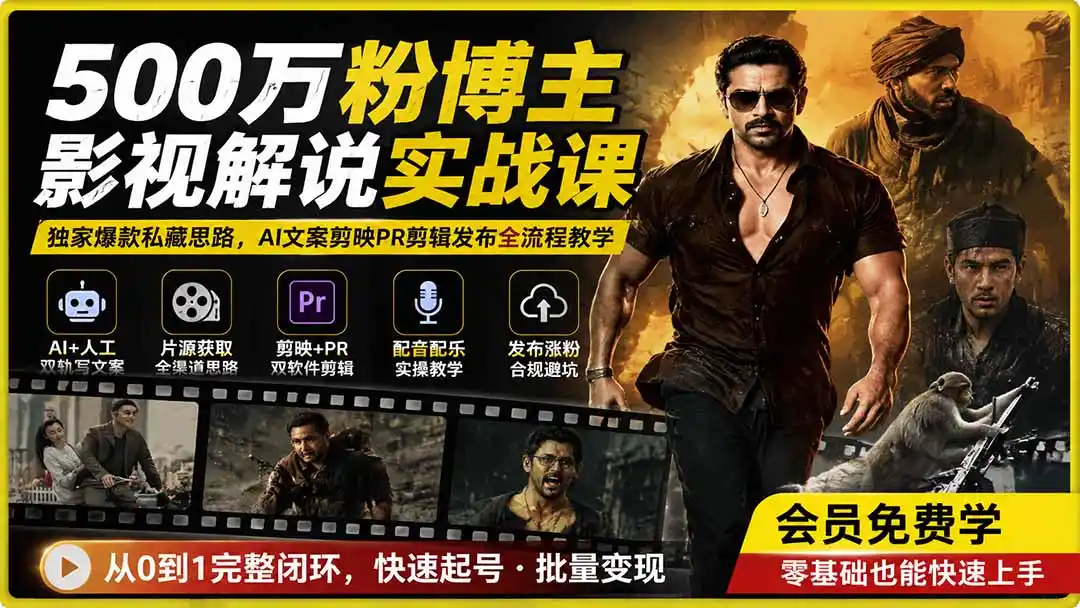 500万粉博主影视解说实战课｜独家爆款私藏思路，AI文案剪映PR剪辑发布全流程教学-北极星资源库