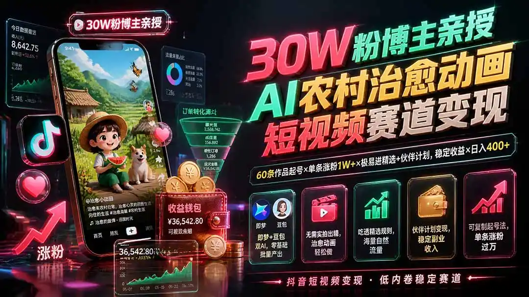 30W粉博主亲授AI农村治愈动画短视频赛道变现：60条作品起号×单条涨粉1W+×极易进精选+伙伴计划，稳定收益×日入400+-北极星资源库