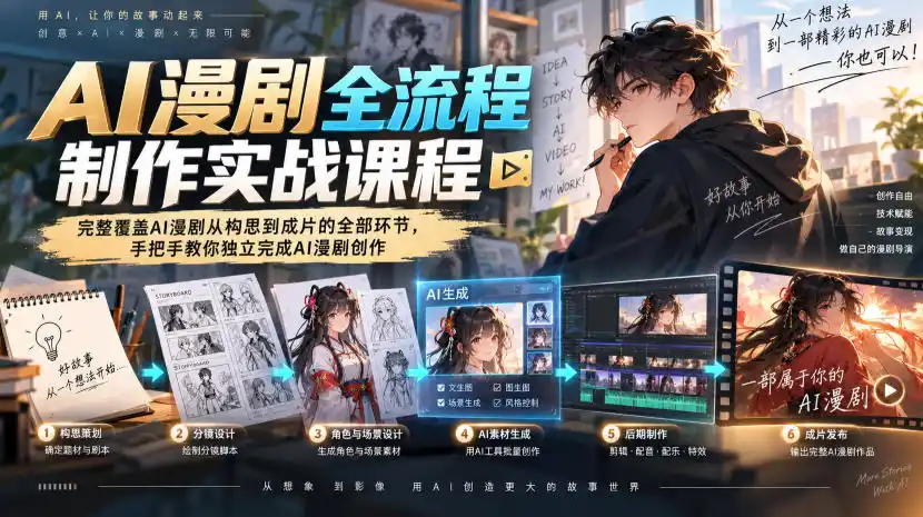AI漫剧全流程制作实战课程，完整覆盖AI漫剧从构思到成片的全部环节，手把手教你独立完成AI漫剧创作-北极星资源库