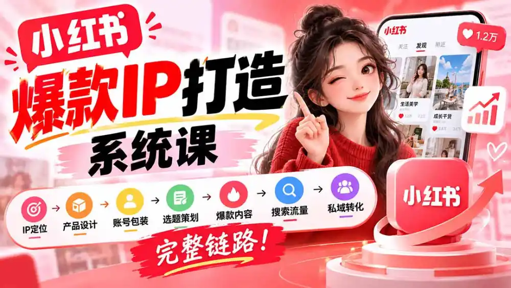 【无水印】小红书爆款IP打造课：IP定位→产品设计→账号包装→选题策划→爆款内容→搜索流量→私域转化，完整链路-北极星资源库