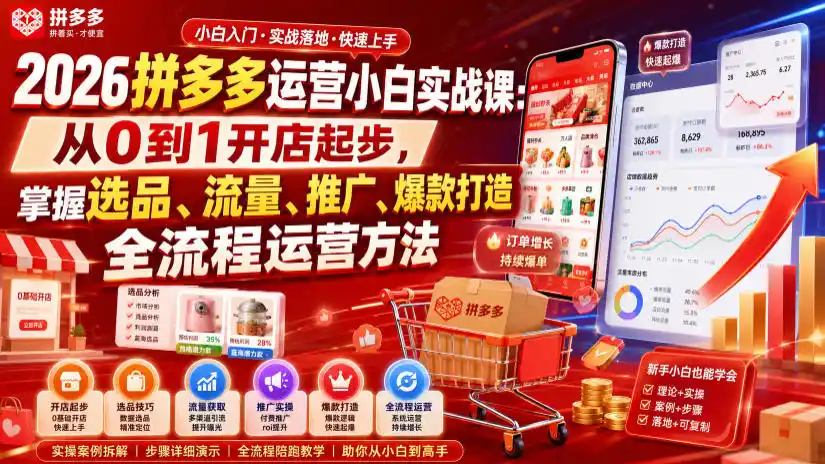 2026拼多多运营小白实战课：从0到1开店起步，掌握选品、流量、推广、爆款打造全流程运营方法-北极星资源库