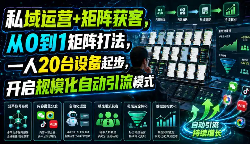 私域运营+矩阵获客，从0到1矩阵打法，一人20台设备起步，开启规模化自动引流模式！-北极星资源库