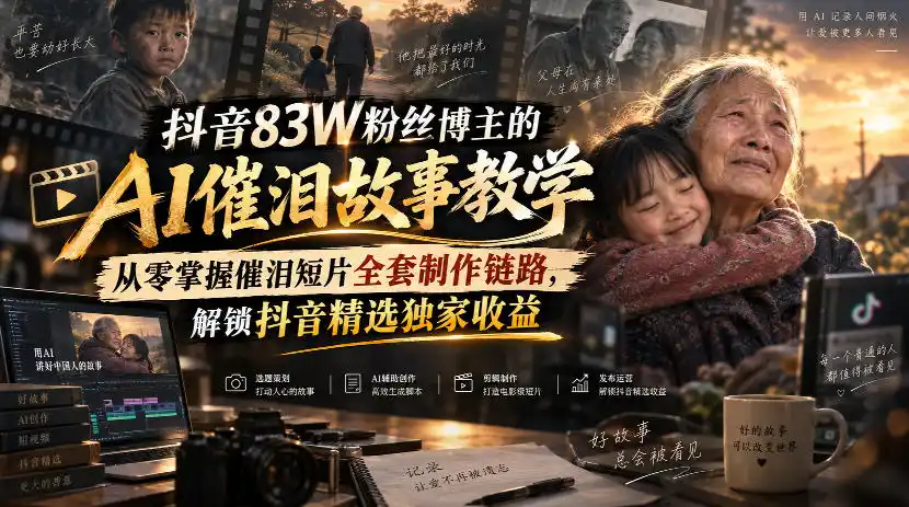 抖音83W粉丝博主的AI催泪故事教学，从零掌握催泪短片全套制作链路，解锁抖音精选独家收益-北极星资源库