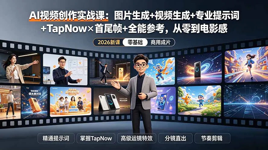 AI视频创作实战课：图片生成+视频生成+专业提示词+TapNow×首尾帧+全能参考，从零到电影感成片-北极星资源库