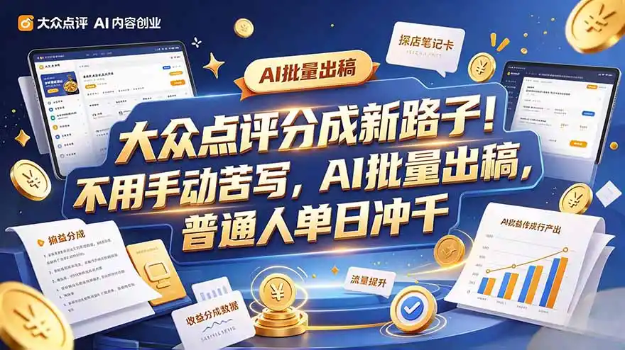大众点评副业新玩法，工具提效解放双手，批量做笔记，单日可破千-北极星资源库