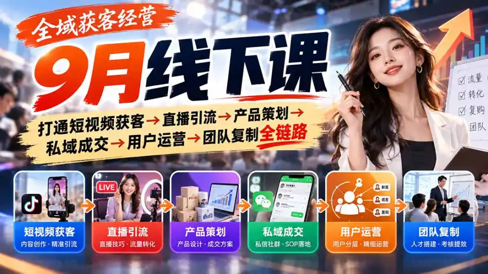 全域获客经营9月线下课：打通短视频获客→直播引流→产品策划→私域成交→用户运营→团队复制全链路-北极星资源库