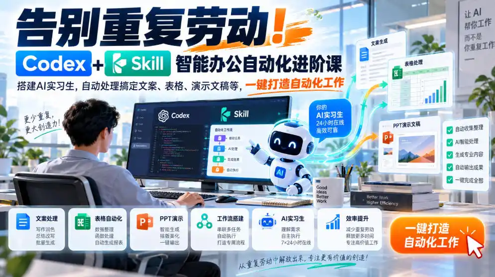告别重复劳动！Codex+Skill智能办公自动化进阶课｜搭建AI实习生，自动处理搞定文案、表格、演示文稿等，一键打造自动化工作-北极星资源库
