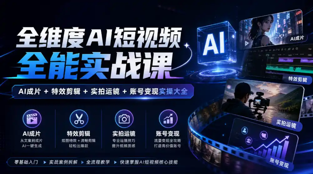 全维度AI短视频全能实战课，AI成片+特效剪辑+实拍运镜+账号变现实操大全-北极星资源库