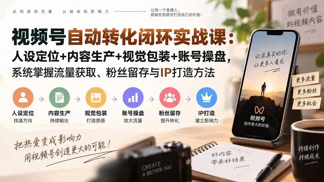 视频号自动转化闭环实战课：人设定位+内容生产+视觉包装+账号操盘，系统掌握流量获取、粉丝留存与IP打造方法-北极星资源库