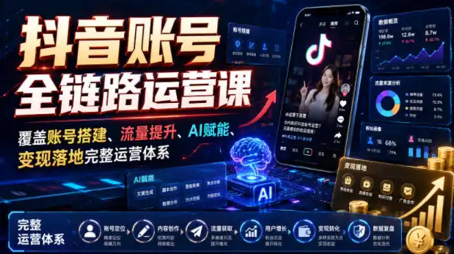 抖音账号全链路运营课，覆盖账号搭建、流量提升、AI赋能、变现落地完整运营体系-北极星资源库