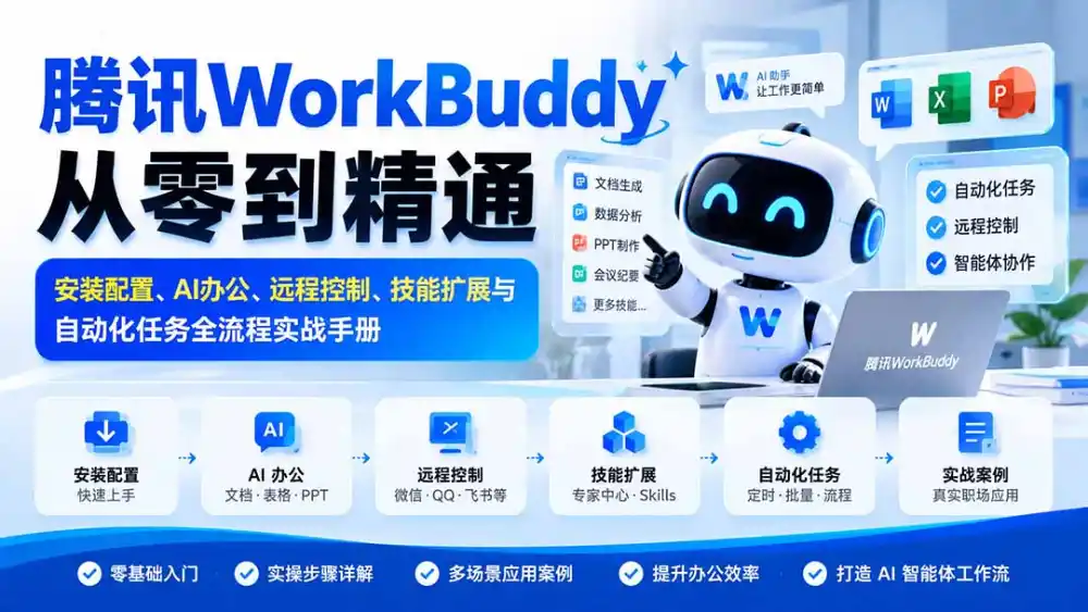 腾讯WorkBuddy从零到精通:安装配置、AI办公、远程控制、技能扩展与自动化任务全流程实战手册-北极星资源库