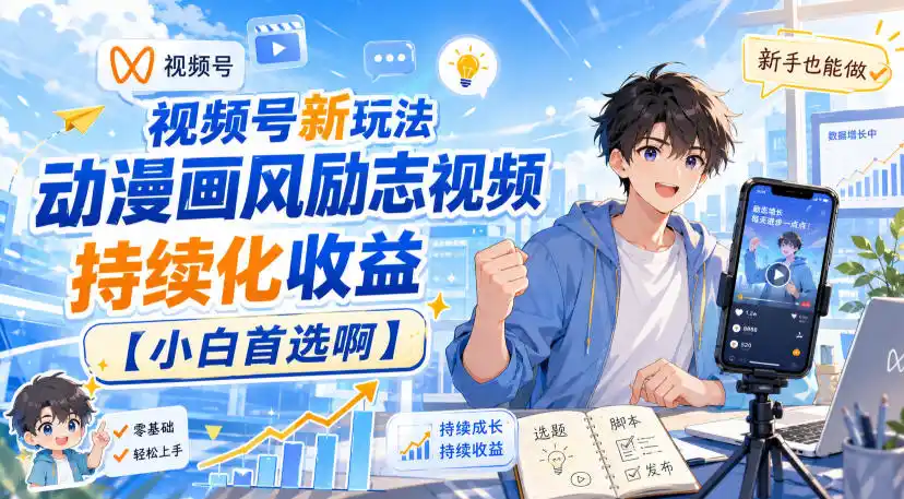 视频号新玩法动漫画风励志视频，持续化收益【小白首选啊】-北极星资源库