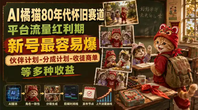 AI橘猫80年代怀旧赛道，平台流量红利期，新号最容易爆，伙伴计划-分成计划-收徒商单等多种收益-北极星资源库