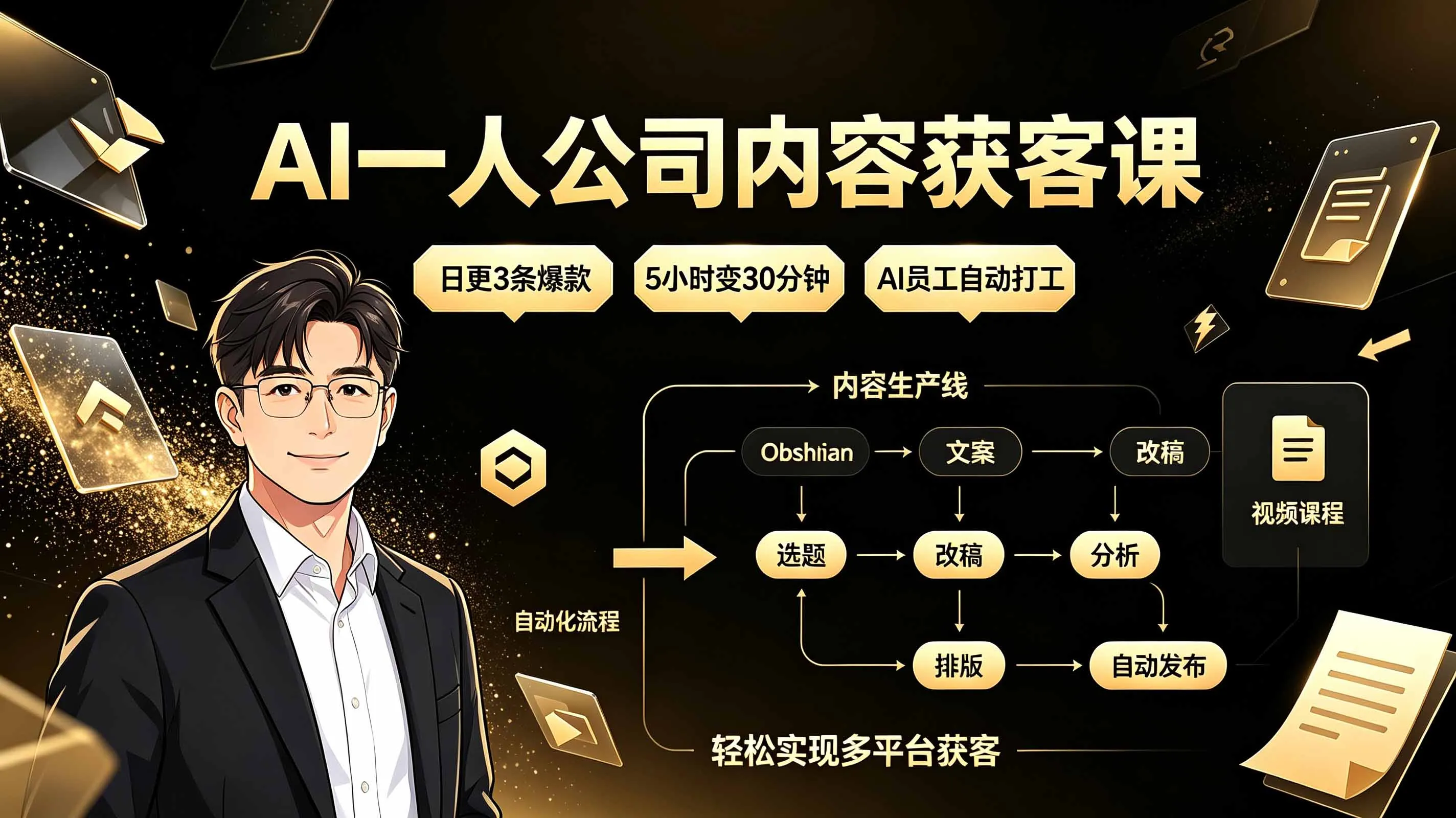 AI一人公司内容获客课：日更3条爆款×5小时变30分钟×AI员工自动打工，轻松实现多平台获客-北极星资源库