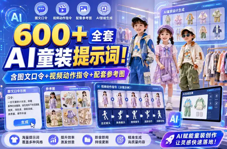 600+全套AI童装提示词！含图文口令+视频动作指令+配套参考图，Word-Excel规整分类，童装电商、种草无脑量产内容！-北极星资源库