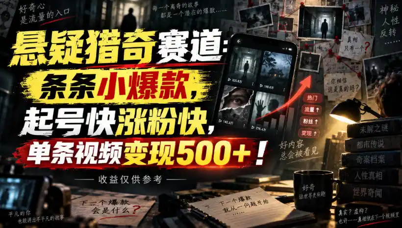 悬疑猎奇赛道：条条小爆款，起号快涨粉快，单条视频变现500+！收益仅供参考-北极星资源库
