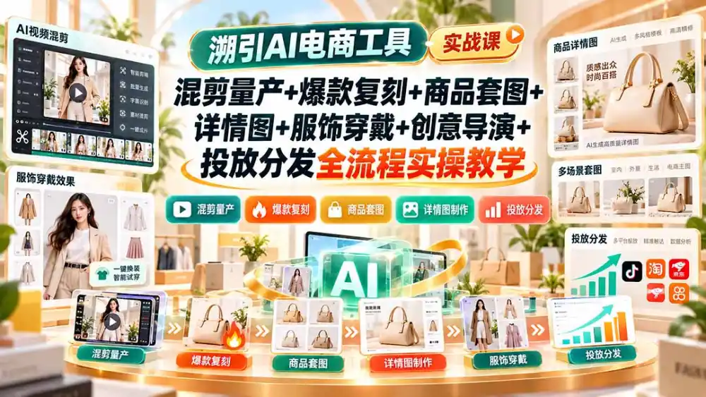 溯引AI电商工具实战课：混剪量产+爆款复刻+商品套图+详情图+服饰穿戴+创意导演+投放分发全流程实操教学-北极星资源库