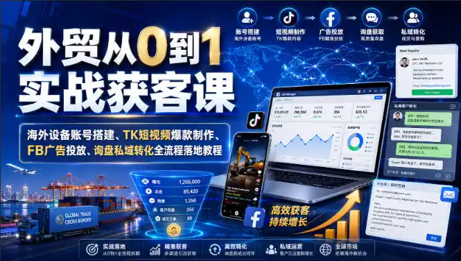 外贸从0到1实战获客课｜海外设备账号搭建、TK短视频爆款制作、FB广告投放、询盘私域转化全流程落地教程-北极星资源库