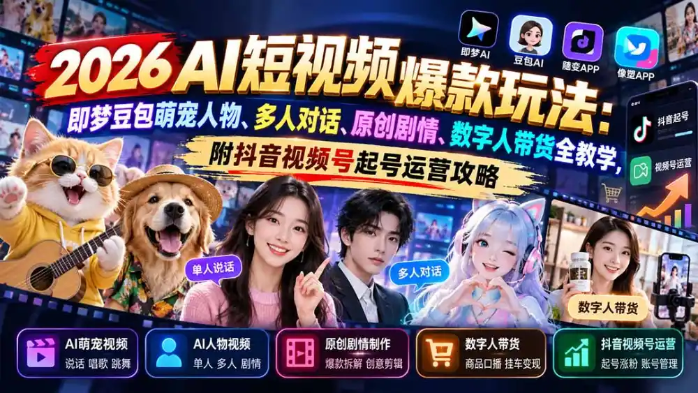 2026AI短视频爆款玩法：即梦豆包萌宠人物、多人对话、原创剧情、数字人带货全教学，附抖音视频号起号运营攻略-北极星资源库