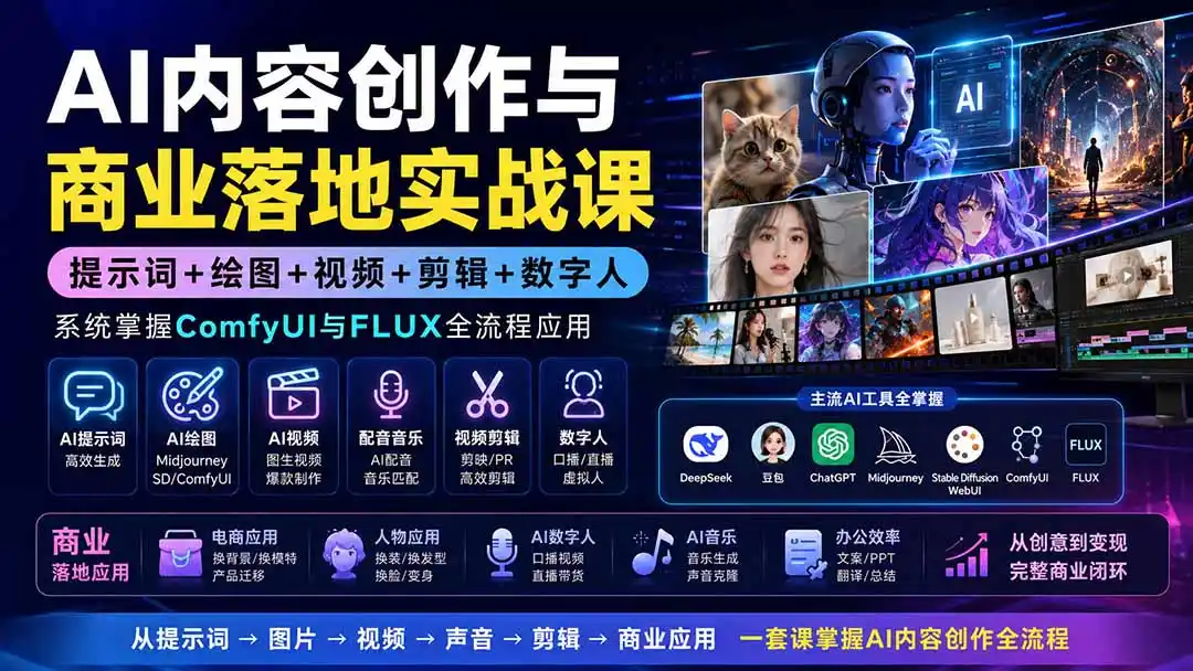 AI内容创作与商业落地实战课：提示词+绘图+视频+剪辑+数字人，系统掌握ComfyUI与FLUX全流程应用-北极星资源库