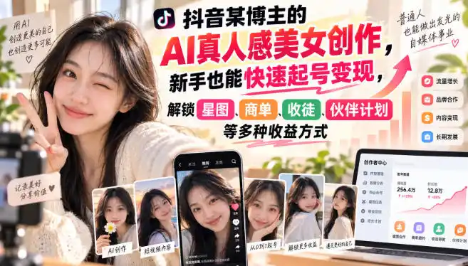 抖音某博主的AI真人感美女创作，新手也能快速起号变现，解锁星图，商单，收徒，伙伴计划等多种收益方式-北极星资源库